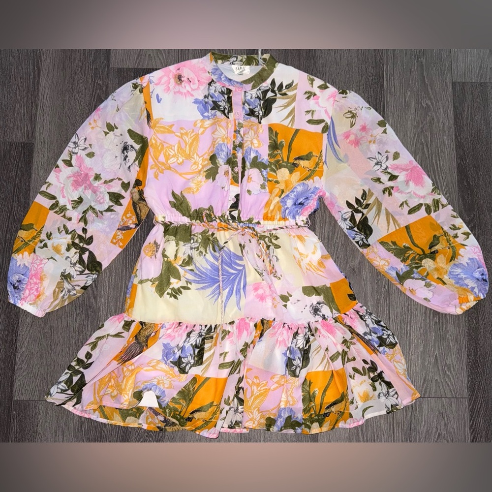Her Destiny pink  Floral Patchwork Mini above knee long sleeve Dress M Medium